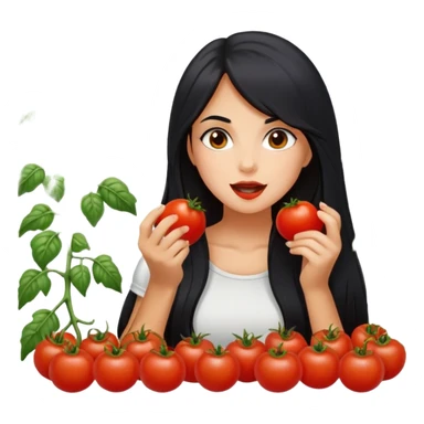 Pretty tanned girl with long black hair, eating tomatoes sticker