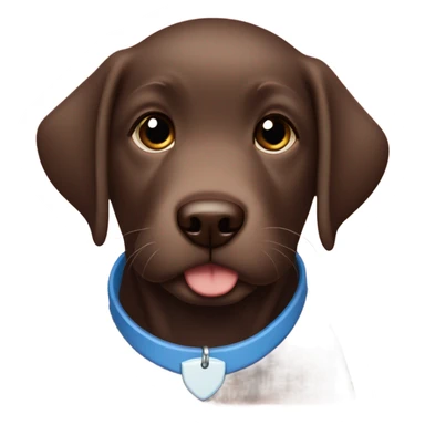 Chocolate labrador puppy with small white fur on chest and cute blue collar sticker
