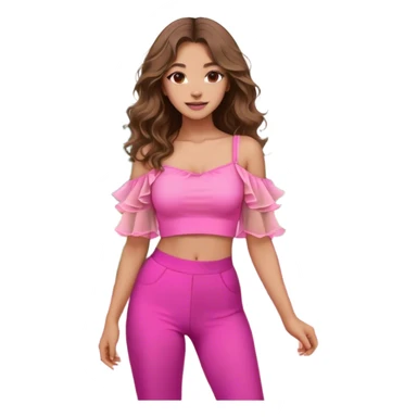 A young woman with long, wavy brown hair standing outdoors on a paved walkway, surrounded by green grass and modern architecture. She is wearing a vibrant pink crop top with dramatic sheer ruffled sleeves and high-waisted beige pants. The sunlight casts a warm glow on her face, and she has a gentle smile with a confident and relaxed posture. The background features a mix of classical and contemporary buildings, with trees adding a natural touch to the setting. sticker