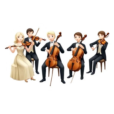 Icon for Classical Music: symphonic orchestra with musicians playing violins, cellos, and flutes, led by a conductor with a baton. Musical notes float around, capturing the elegance and harmony of classical music. Transparent background. sticker