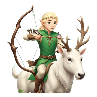 clash-of-clans-aesthetic-blond-male elf-archer-portrait-emoji, rendered in a flat, vector-style with minimal shading and bold holding his bow, simplified shapes, head tilted slightly forward with a determined, focused expression, riding a majestic white stag whose antlers glow with mystical energy, set against an ancient, enchanted forest backdrop. sticker
