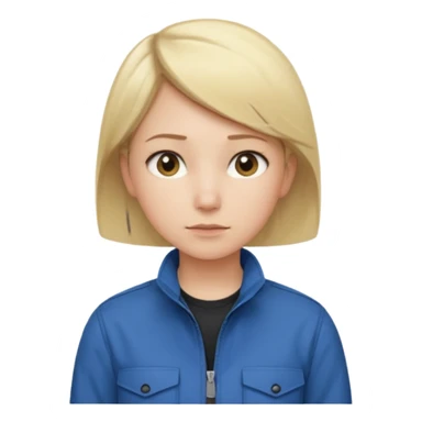 Calm and independent female engineer, fair skin, short straight blonde hair tucked behind the ears, neutral but focused expression, wearing a fitted blue utility jacket over a black crew-neck top, waist-up, front-facing sticker