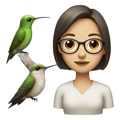 Girl pale , brunette, with short hair, wearing glasses with a hummingbird next to her sticker