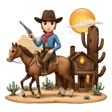 Icon for Western: A dramatic scene with cowboys on horseback, a dusty desert landscape, a setting sun. Include a classic cowboy hat, revolvers and an old wooden saloon in the background. capture the essence of the Wild West with rugged and adventurous details. Transparent background. sticker