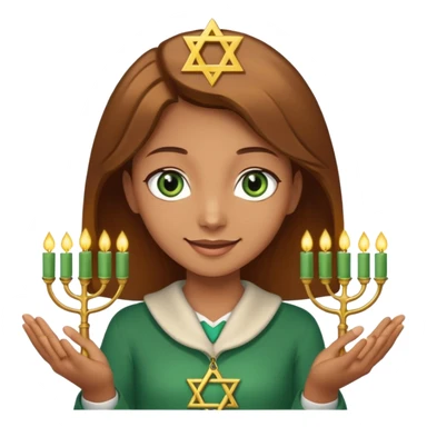 White but tan person with lightish brown hair girl has green eyes and holding the Star of David and a menorah looking at it smiliing sticker