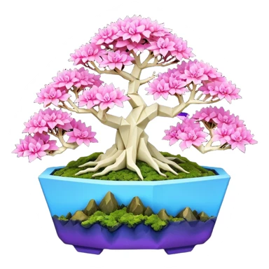 Futuristic wild et alien moss maples Bonsai hair-fine-leaf group crimson crystal azalea purple and cream pink blue forest planting in shallow slab origami style pot  sticker