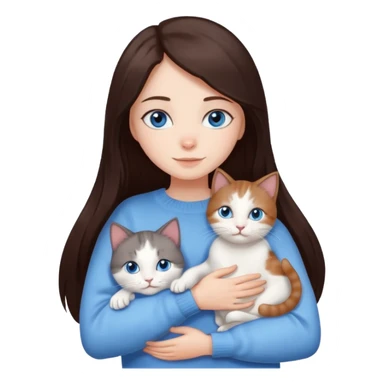 a girl with long dark 
brown hair, with blue eyes, in a
white sweater, hugs 3 different natural coloured cats sticker