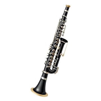 Create an emoji, representing a black standard clarinet. The design should feature a smooth, glossy black body of the clarinet with shiny, silver keys clearly visible. Highlight the intricate details of the mouthpiece and reed at the top, while the body of the instrument should remain simple and elegant. Add subtle musical notes or soundwaves floating around the instrument to symbolize its clear, melodic sound. Use black for the body, silver for the keys, and soft lighting effects to give the instrument a polished, sophisticated look. The background should be transparent. sticker