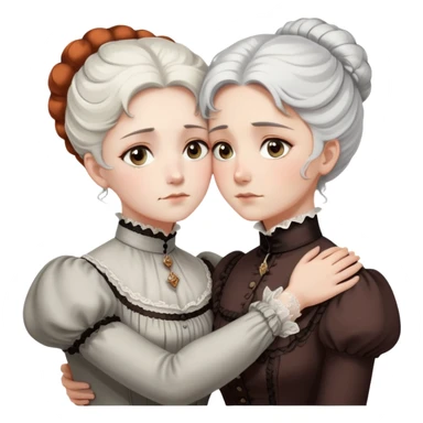 Two Victorian women with grey eyes in a sad, intimate hug. One has bright white coiffed hair, the other has dark copper coiffed hair. Both wearing Victorian high-neck dresses and embracing tightly. sticker