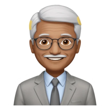 60 yr old indian man, short straight white hair brushed foreward , light grey business suit, big smile, dark brown skin, no moustache, dark brown eyes, glasses
 sticker
