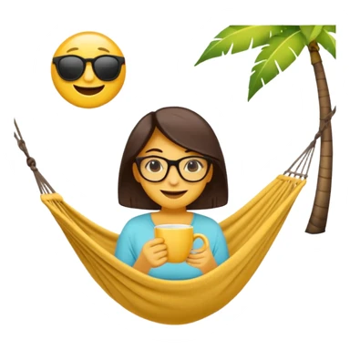 Créer un emoji stylisé et coloré représentant le week-end, joyeux et relaxant. L’emoji doit être rond, lumineux, avec un visage souriant ou des lunettes de soleil teint noir. Ajouter des éléments évoquant le repos ou le plaisir : café, hamac, soleil, musique, détente.  sticker