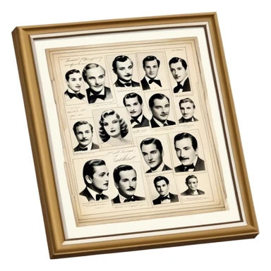 Icon for Autograph Collecting: several vintage framed with signatures of famous celebrities sheets stacked one on top of the other, each . The icon should evoke the charm and history of collecting autographs. Transparent background. sticker