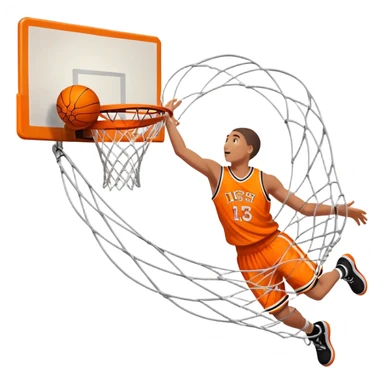 A close-up shot of a basketball soaring through the air and perfectly swishing into the basketball hoop. The ball is in mid-motion, with the net gently moving as the ball makes contact. The background shows a vibrant court with clear markings, capturing the excitement of a successful shot sticker