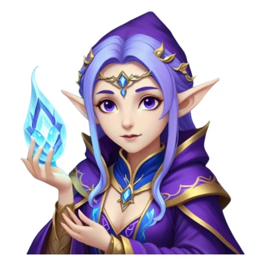 Cinematic Realistic WoW Elf Mage Portrait, head tilted epicly and inquisitively, showcasing a commanding presence and graceful arcane power. Her luminous, porcelain-like skin and delicate features, framed by an intricately detailed robe in deep blues and purples with golden accents, are rendered with lifelike clarity and dramatic, mystical lighting, high shine, epic and awe-inspiring, embodying the timeless magic of an elven mage poised to reshape destiny. sticker