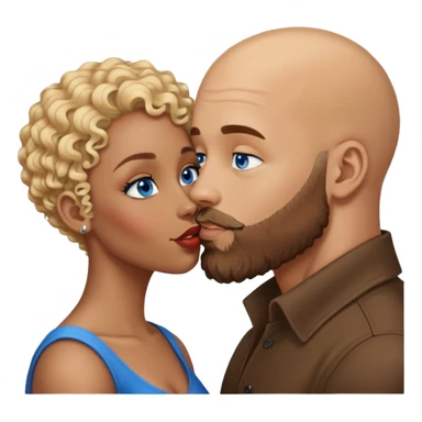 bald head man with beard kissing African woman with blue eyes and curly blonde hair sticker