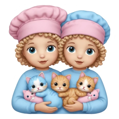 Curly hair baby twins with one wearing a baby pink bonnet and one wearing a baby blue bonnet while holding cat plushies sticker