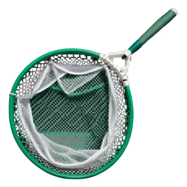 A bug-catching net with a green handle and white mesh net sticker