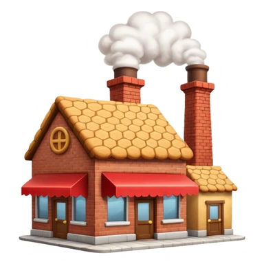 Small cartoon-style bakery factory with a red brick base, a single chimney puffing white smoke, cookie crates outside, emoji-style sticker
