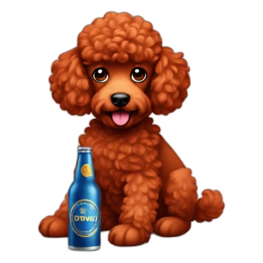 red poodle with a bottle of beer sticker