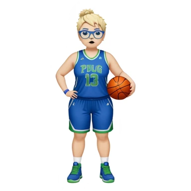 full body white plus size women basketball player pug nose with short spiky dark hair with added blond highlights wearing blue glasses wearing blue and green uniform sticker