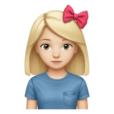 14 years old girl, with blonde hair, grey eyes. Wearing t-shirt and jeans. Wearing a bow sticker