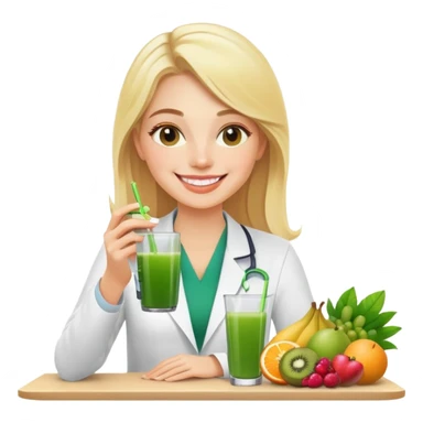 Create an emoji-style illustration of a young blonde nutritionist. She is smiling, sitting at a table with various fresh fruits, and holding a glass of green juice in her hand. The style should be simple, colorful, and friendly, resembling modern emoji aesthetics. sticker