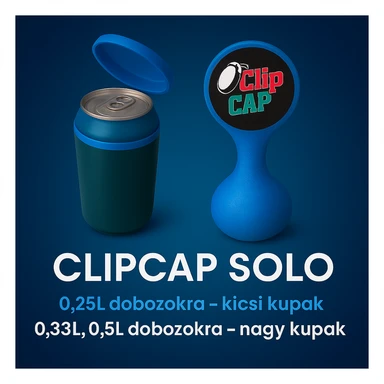 A kupakokat színezd át kékre. A CLIPCAP DUO felírat helyett CLIPCAP SOLO felírat legyen, a "kicsi és nagy kupak a csomagban" szöveg helyett "0.25L dobozokra - kicsi kupak" és a "0.33L,0.5L dobozokra - nagy kupak" külön sorban. A 0.25L, a 0.33L, a 0.5L-t ponttal írd! sticker