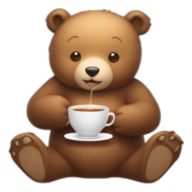 A semi Cute bear sitting on floor with a cup of tea motioning for viewer to sit next to him sticker