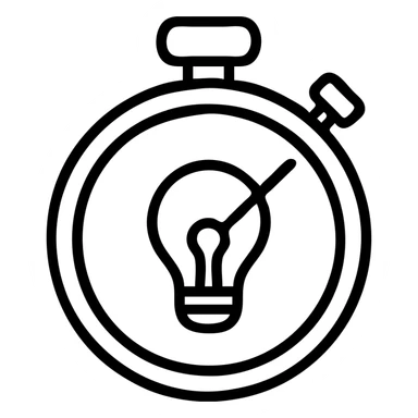 minimalist vector icon of a classic stopwatch with circular thick rim, crown at 12 o'clock, start/stop button on side, with a classic incandescent lightbulb centered inside the face, and a single hand pointer at 2 o'clock to suggest motion, clean modern vector art, single dark gray color, no gradients or shadows, bold clear outlines, lightbulb is the focal point sticker