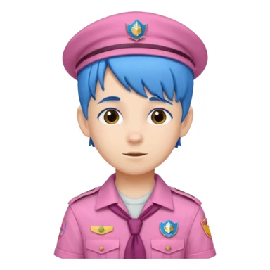 scout boy with very pink scout uniform, blue haired and hat sticker