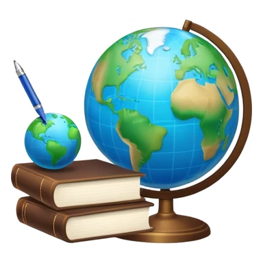 Create an emoji representing language translation. The design should feature just one globe in the background, symbolizing international communication. In front of the globe, place two books or sheets of paper with texs on them and a pen nearby to indicate the act of writing. Use a clean and professional color palette with blues, greens, and neutral tones. Make the background transparent. sticker