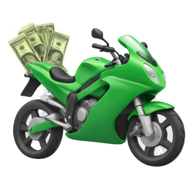 Green motorbike with horse riding it, with flying money sticker