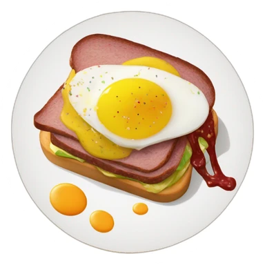 Pastrami and cheddar cheese sandwich with pickles and mustard in a brioche bread with a whole boiled egg on the top which is sprinkled with confetti sticker