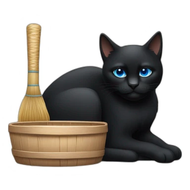 a black cat with blue eyes who sits in a village bathhouse with an oak broom and drinks kvass sticker