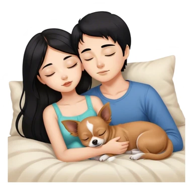 Coquette teenage cute asian black hair girl sleeping with brown longhair chihuahua and guy with black hair sticker