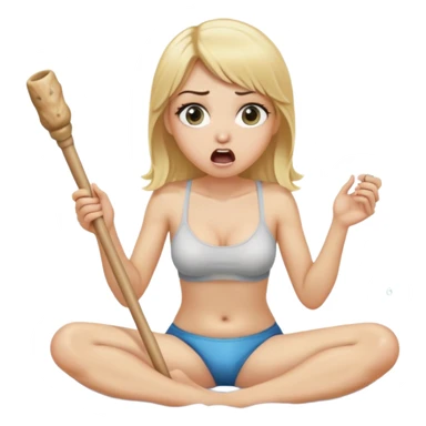blond woman sitting on her knees with wide eyes, holding a wide skin-colored stick with a D-shaped knob, the stick and the nob have skin texture, water squirting from the knob into her mouth, shocked face, the knob is coming out of pants hanging next to her sticker