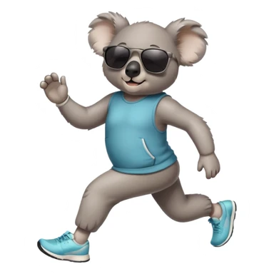 friendly anthropomorphised koala in casual clothing, wearing dark sunglasses, jogging upright in standard pose sticker