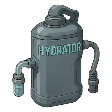 the image is the icon for a videogame insta-use item, it is a hydrator- futuristic cyberpunk - gray canister - hydration supplement -  it is master craftsmanship, not dinged or damaged, and has fluid line couplings where it is to be attached sticker