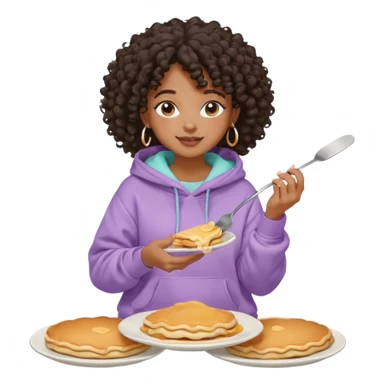 Black girl, clean girl aesthetic, 4C curly hair in a puff, pastel hoodie, white sneakers, minimal jewelry, soft smile, cozy vibe, bright colors eating  pancake sticker