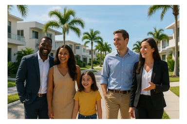 Foto hiper realista que refleje a nuestro cliente ideal de real estate: Profesionales y familias en transición Que desean mudarse a Miami o adquirir una segunda residencia, guiados por un equipo que habla su idioma —literal y figurativamente. sticker