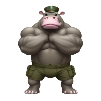 very strong and muscular hippo flexing with army fatigue sticker