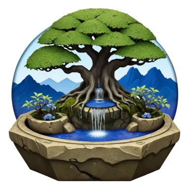 Alien saucer jungle-vines fountain mountain-island landscape antique mudman very old broken cracked intricate Stone Age lapis-crusted irregular dodecagon-shaped shallow dark moss rough bark blue serissa flowered maple tree bonsai pot sticker