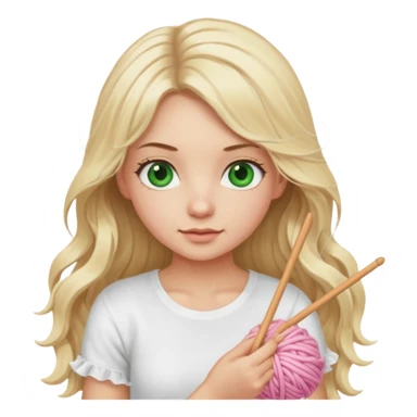 Knitting girl, blonde, long hair, natural green eyes, the tshirt is white with ruffles, the yarn is light pink sticker