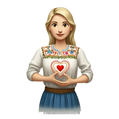 A Ukrainian woman in an embroidered shirt holds a heart in her hands sticker