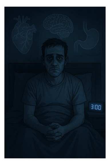 a man sits awake in bed in the middle of the night, dark circles under his eyes and a tired, anxious expression. The room is dimly lit by the blue glow of a phone or digital clock showing 3:00 AM. Around him, faint ghostly overlays of anatomical drawings highlight affected organs—heart, brain, and stomach—symbolizing the physical harm caused by disrupted sleep. sticker