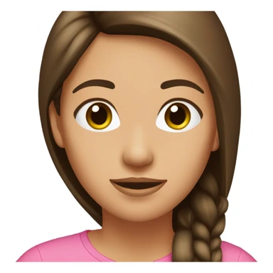 Light brown woman with long straight dark brown and auburn highlighted hair, wearing a pink t shirt with green trim sticker