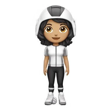 Profesora de cilcismo de piel morena clara de contextura delgada estatura alta con zapatillas de ruta blancas licras negras y maillot blanco casco blanco sticker