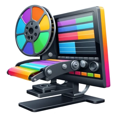 Create a vibrant and modern icon representing Animation and Motion Design, featuring elements like a film reel, a computer screen, dynamic motion lines, and a cinematographic film strip on an editing table. The design should be colorful, and dynamic, without any emojis. The background's transparent. sticker