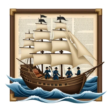 Reading Fiction: a sailing ship made of book pages floating on waves, with swashbuckling musketeers on horseback and a detective silhouette resembling Sherlock Holmes in the background. The icon should capture the adventurous and romantic spirit of classic literature. Transparent background. sticker