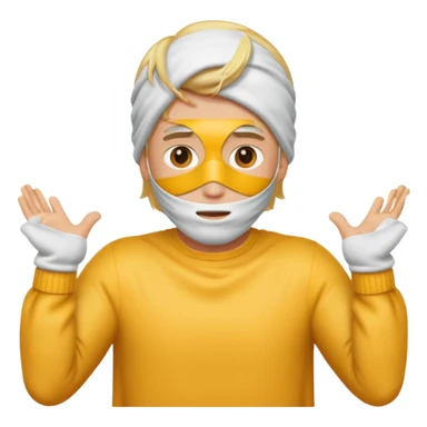 Blonde man with his face covered with the two arms going through down left to up right and with the two hands on the upper right edge of the emoji sticker